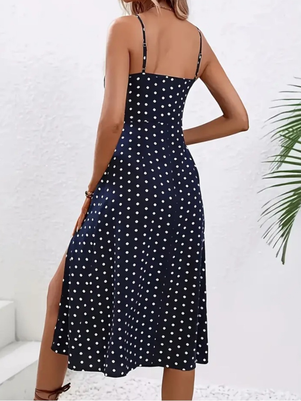 NAVY Polka Dot Midi Dress with Side Slit & Spaghetti Straps - Picture 2 of 7